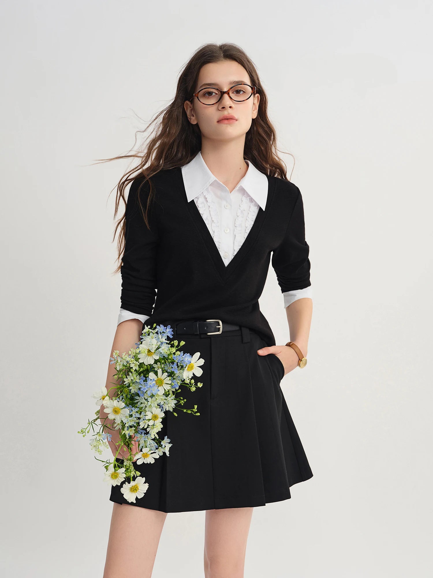 Plus Size Women's Fake Two-piece Long-sleeved Patchwork Shirt 2025 Autumn New Arrival Knitted Pullover Fashion Commute Top