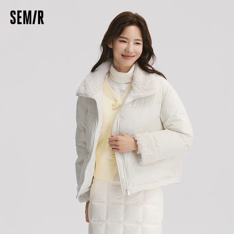 Semir Down Jacket Women Loose Solid Color 2024 New Winter Patchwork Imitation Lamb Wool Stand-Up Collar Textured Down Jacket