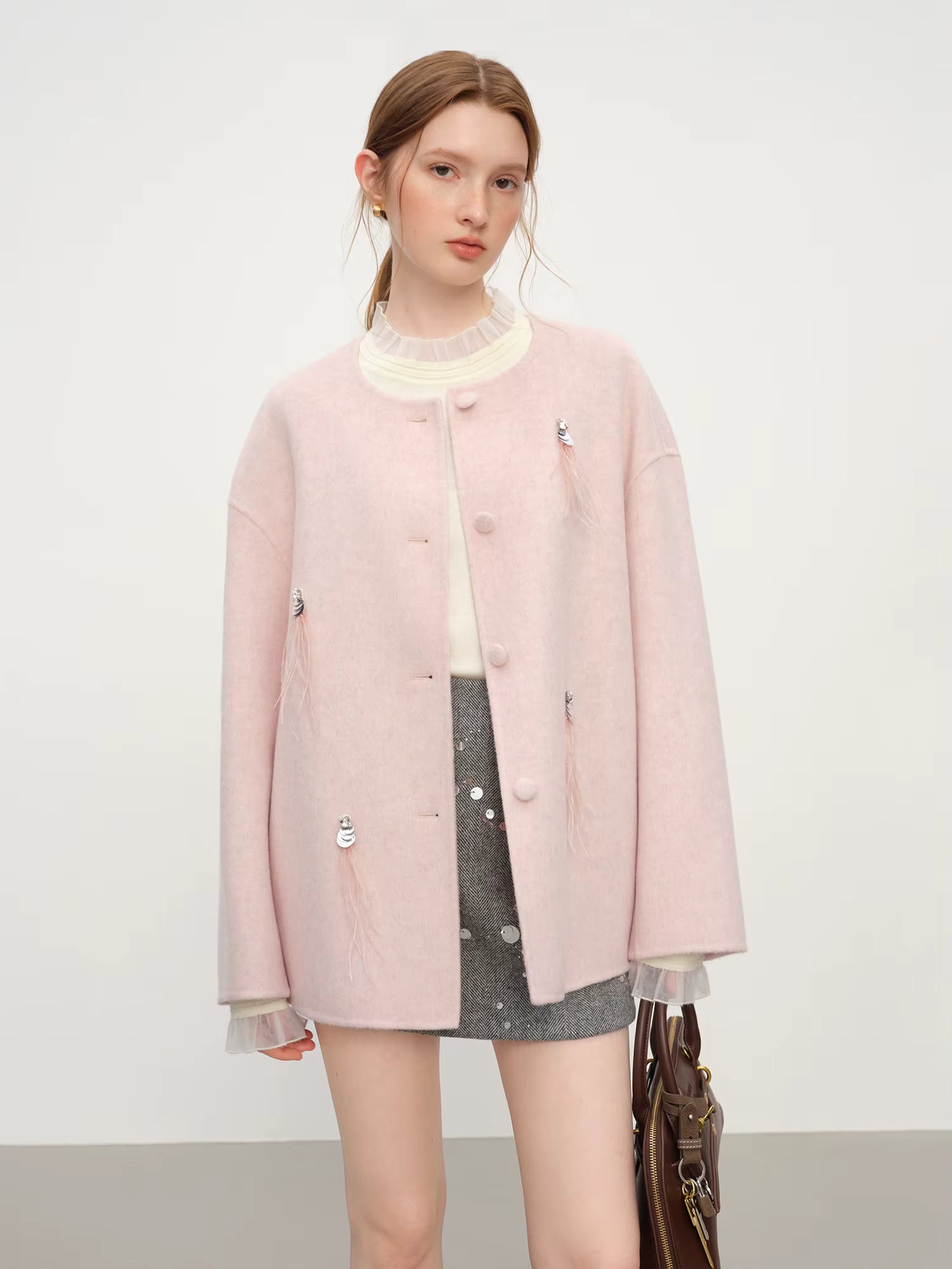 Elegant Temperament Round Neck Short Woolen Coat 2025 Winter New Solid Loose Commuter Jacket