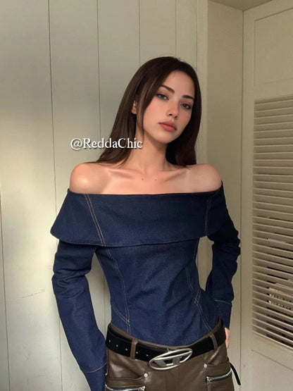 REDDACHiC Denim Off Shoulder Blouse Top Women Office Work Casual Plain Blue Long Sleeves T-shirt Western Vintage Female Clothes