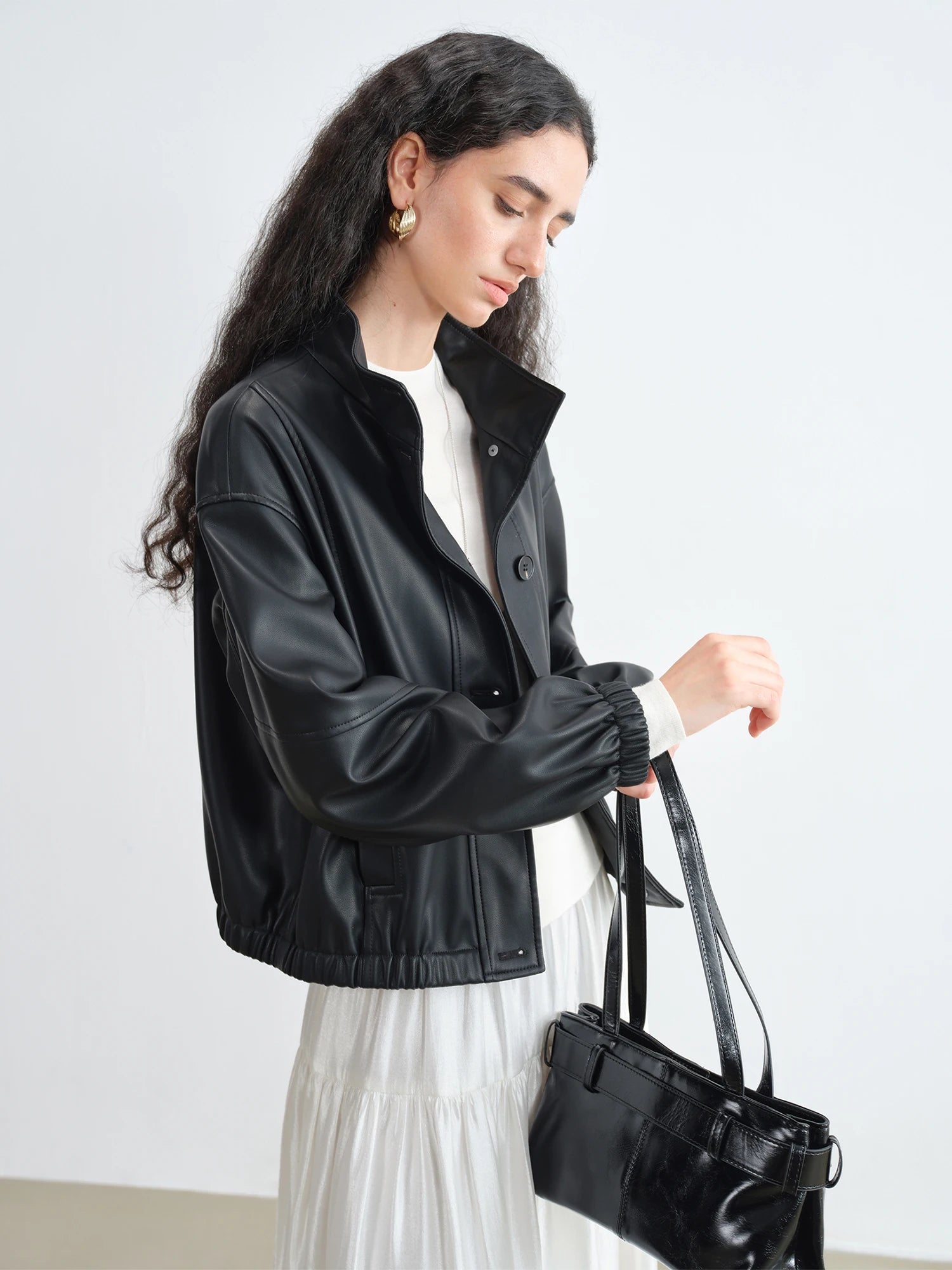 ZIQIAO Brown Korean Style Stand Collar Cool PU Leather Jacket For Women 2025 Autumn New Arrival Short Retro Jacket