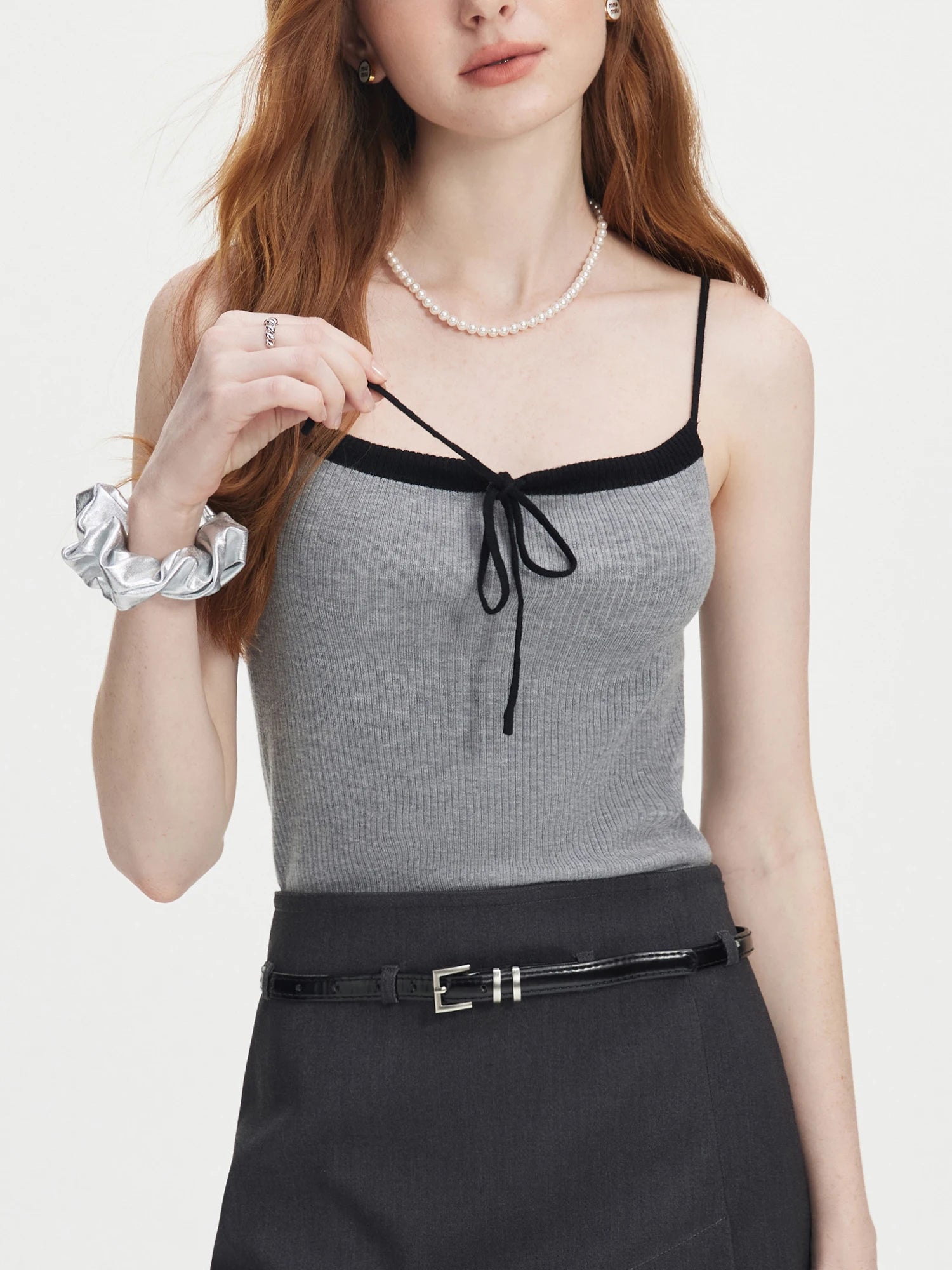 FSLE Gray Knitted Suit For Women Spring Autumn Bow Camisole Cardigan Jacket Versatile Casual Two-pieces Suit 24FS13033