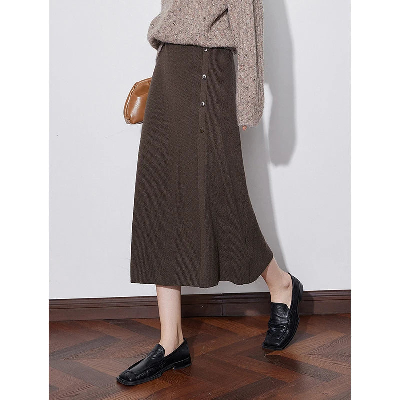 TOYOUTH Women Knitted Skirt 2024 Autumn Winter New Elastic Waist Ankle Length Elegant Coffee Woolen Skirt