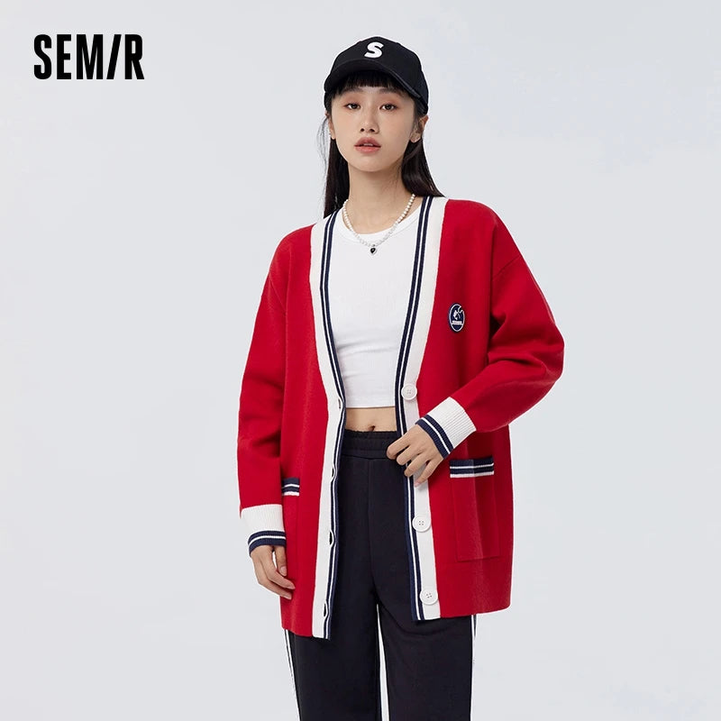 Semir Mali Knit Cardigan Women Mid-Length Loose Lazy Outerwear Spring Contrast Color V-Neck Top