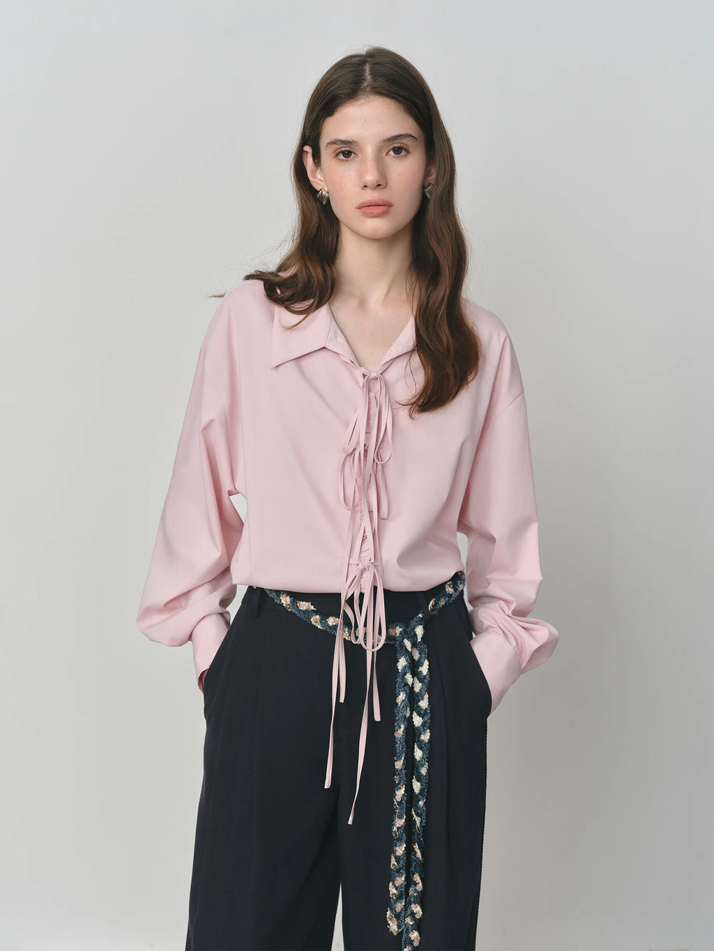 FSLE Autumn 2025 Women's French Inspired Blouse - Ruffle Trim Tie Front Loose Fit Shirt Collar Top Soft Blend Daily Wear