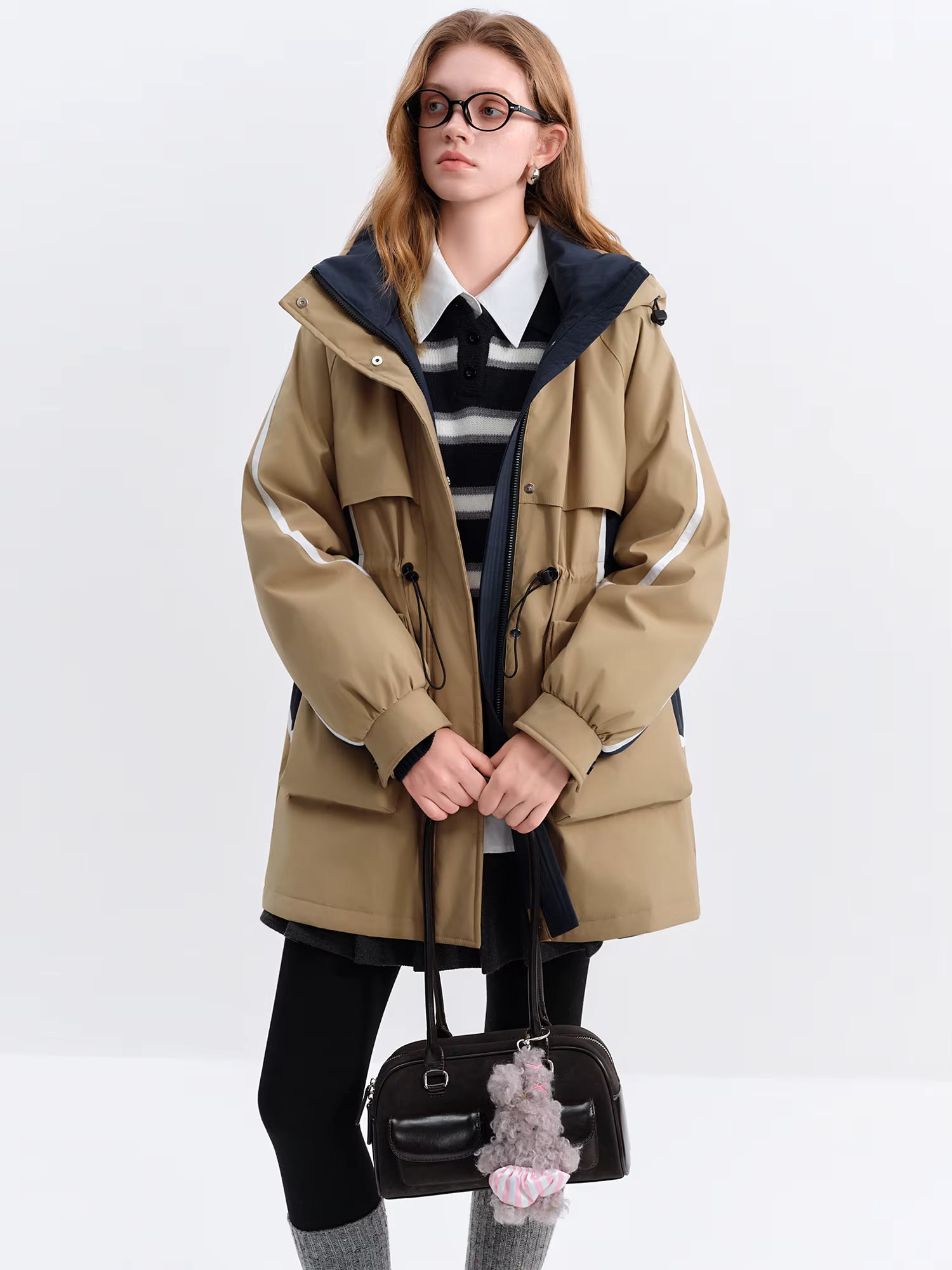 Autumn Winter Women's Stand Collar Hooded Color Block Puffer Coat Retro Belted Waist Down Jacket Vintage Parka Coats