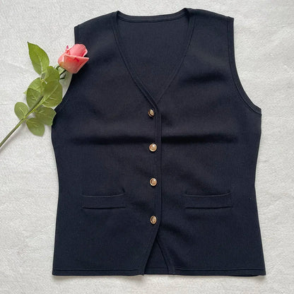 Old Money Chic Style V-neck Knitted Vest Solid Colour Waistcoat