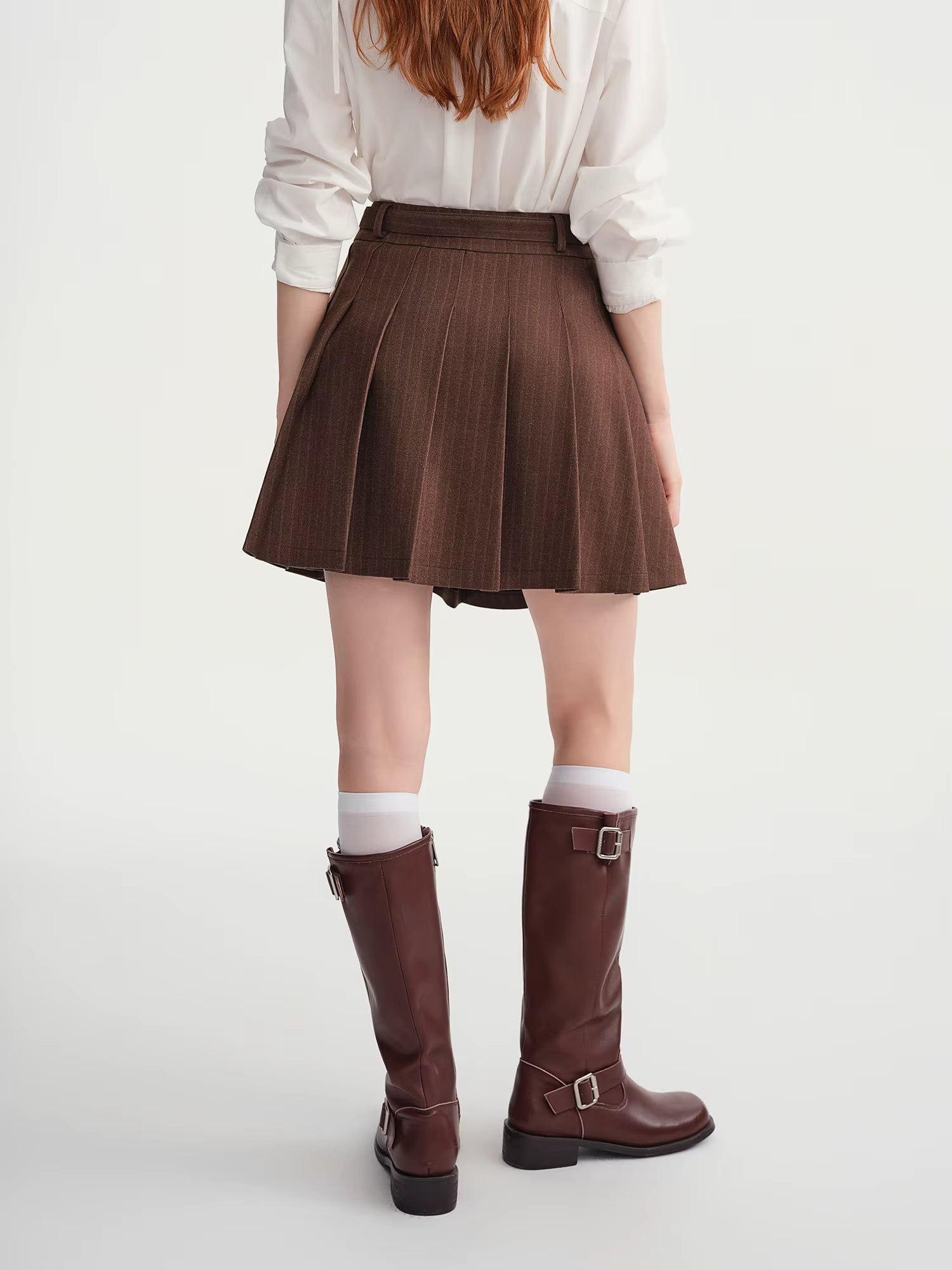 Plus-Size Women's Dark Stripe Pleated Skirt with Fabric Belt Fall-Winter 2025 New Arrival A-Line Mini Skirt Brown Skirts