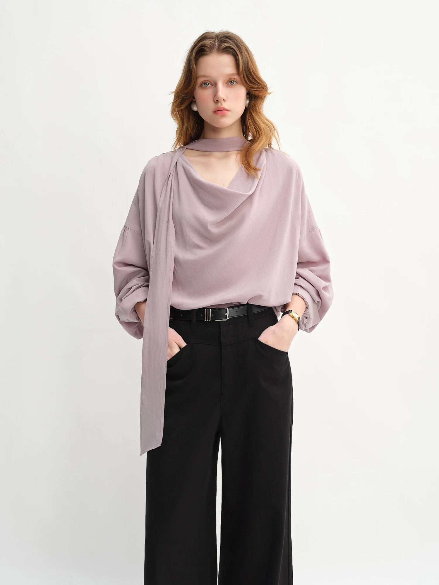 DUSHU Autumn 2025 Women's Drop Shoulder Top - Moonlight-inspired Ribbon Trim Lyocell Blend Elegant Loose Fit Casual Blouse
