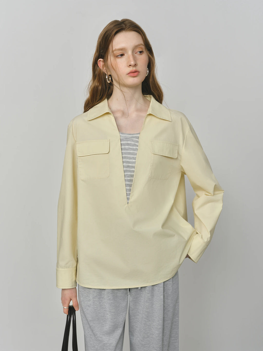 FSLE 2025 Women's Color Block False Two-Piece Shirt - Pullover Office Casual Blouse Autumn Loose Fit Top with Layered Design