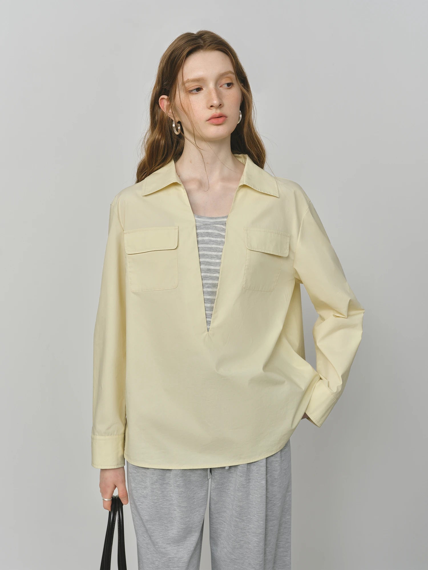 FSLE 2025 Women's Color Block False Two-Piece Shirt - Pullover Office Casual Blouse Autumn Loose Fit Top with Layered Design