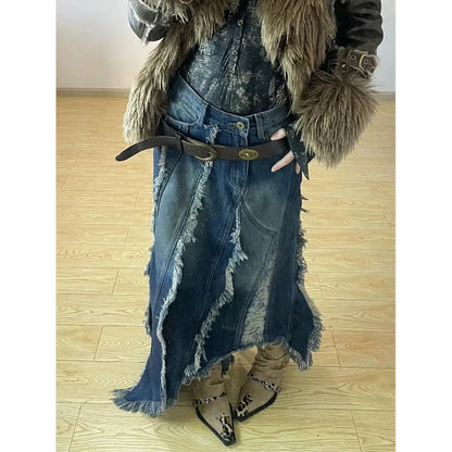 Women Blue Denim Half Body Skirt Tassels Bottoms High Waist Casual Korean Mid Length Skirt Baggy Vintage Female Long Skirt