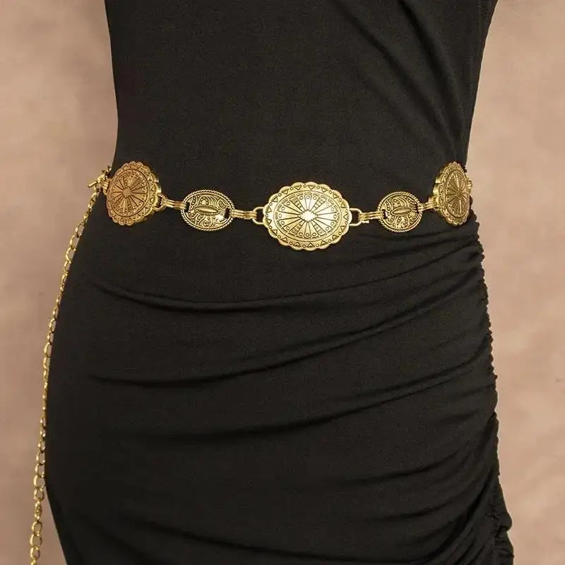 Sun Star Burst Stamped Metal Medallion Concho Chain Belt Cowgirl Summer Dress Waist Boho Accessori cinturon de fiesta for women