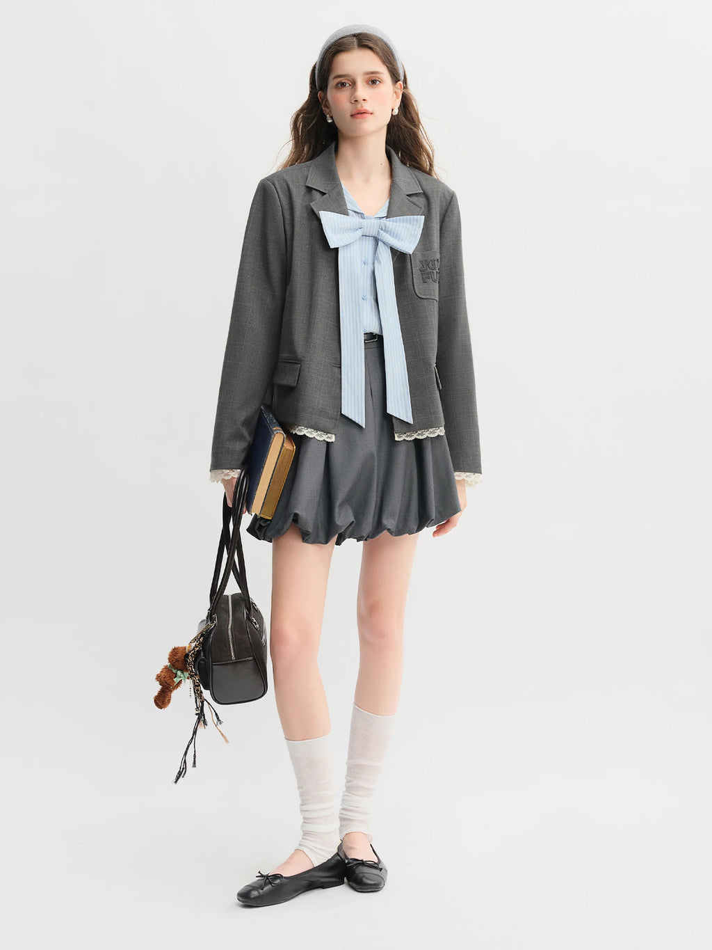 DUSHU Plus Size Women's Navy Collar Bow-Decorated Striped Shirt Dress 2025 Autumn Collection Gentle Youthful Style