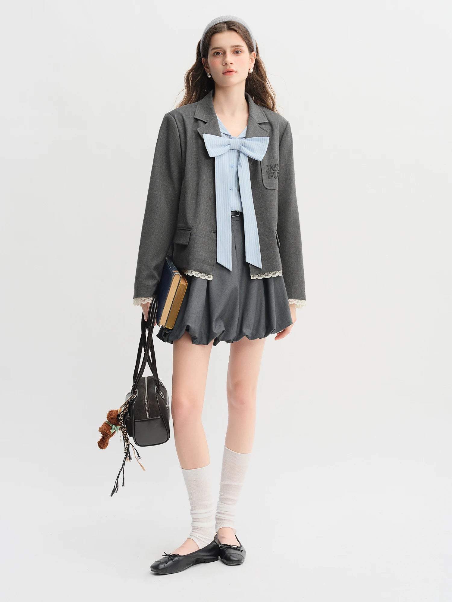 DUSHU Plus Size Women's Navy Collar Bow-Decorated Striped Shirt Dress 2025 Autumn Collection Gentle Youthful Style