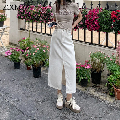 ZOENOVA Fashion Ladies Casual Versatile High Waist A-line Midi Skirt 2024 Spring Summer Solid Color Soft Simple Slit Denim Skirt