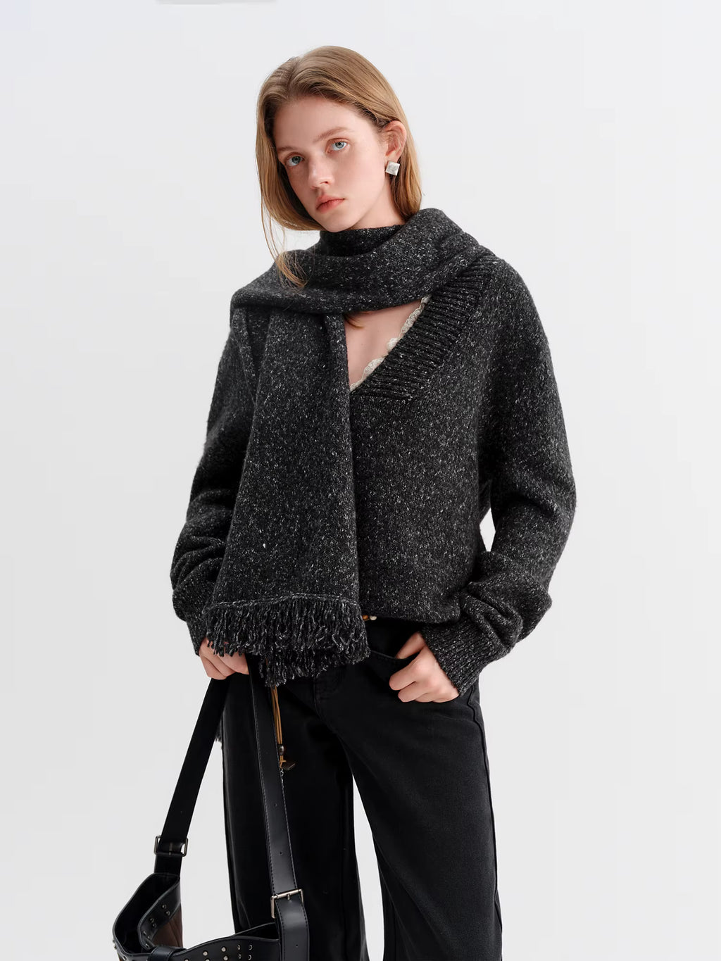 【Premium Series】Autumn Winter V-Neck Knitwear Women Yarn Dyed Cardigan Midi Skirt Two Piece Set Oversize Comfy with Scarf