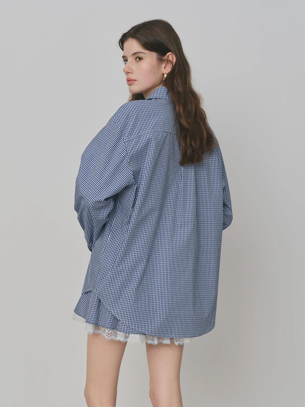 FSLE Blue Plaid Shirt Skirt Set For Women 2025 Autumn New Arrival Long-sleeved Lace Chic Blouse Y2K Skirt