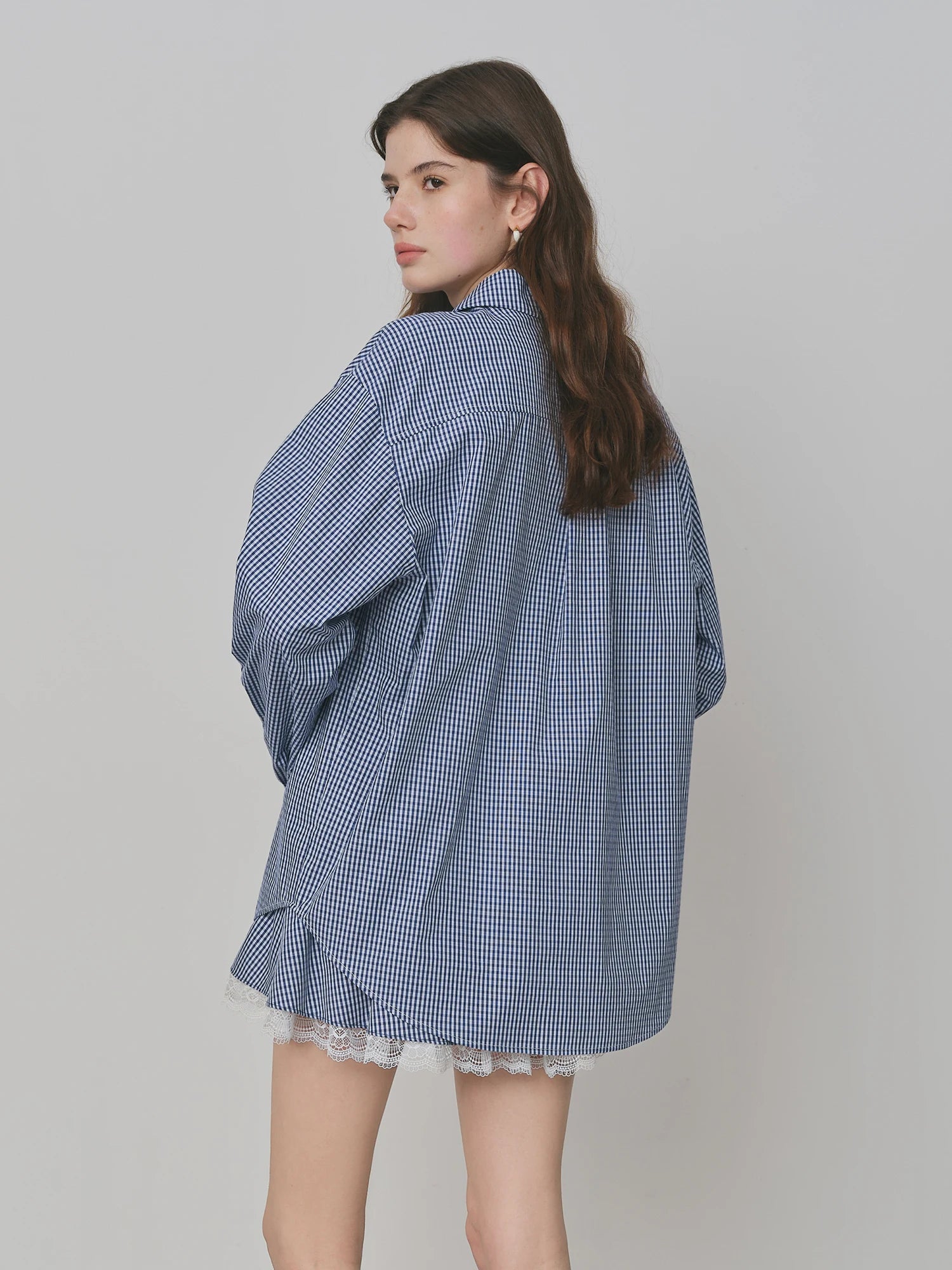 FSLE Blue Plaid Shirt Skirt Set For Women 2025 Autumn New Arrival Long-sleeved Lace Chic Blouse Y2K Skirt