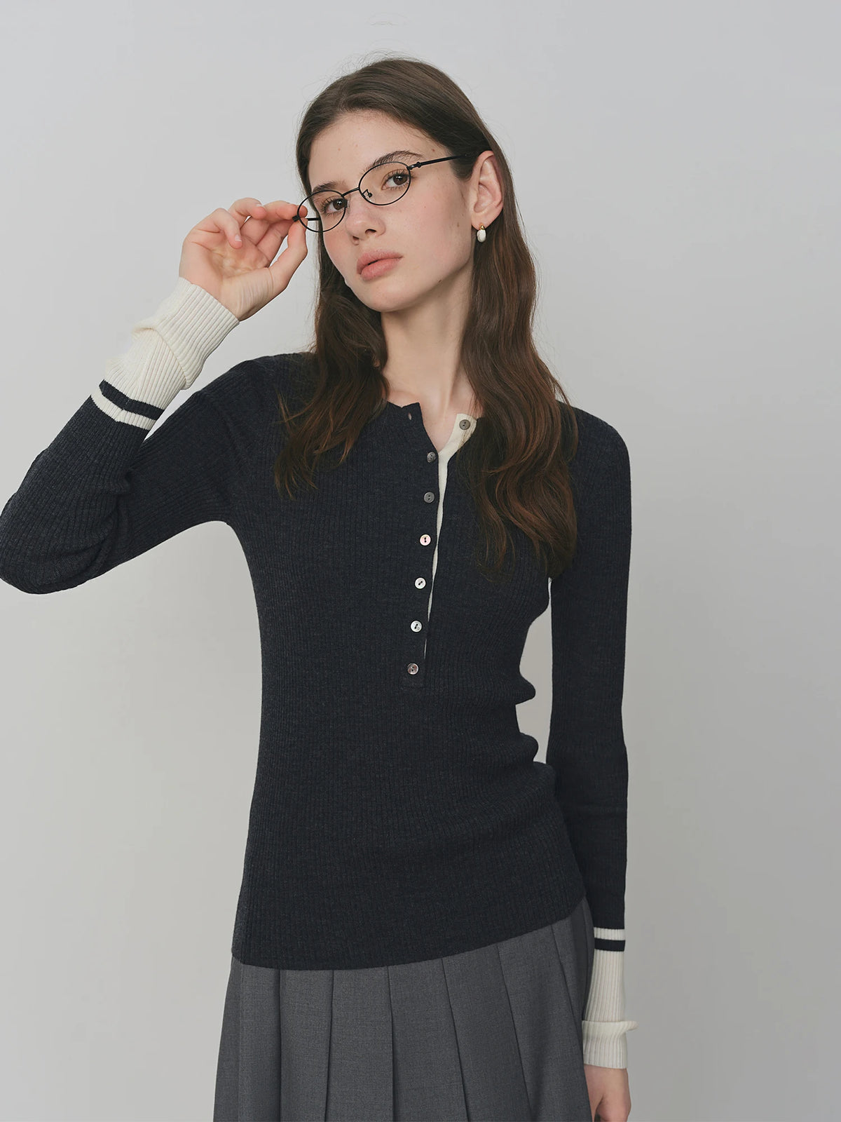 FSLE Wool Simple Temperament Contrast Color Henry Collar Sweater 2025 Autumn New Style Inner Wear