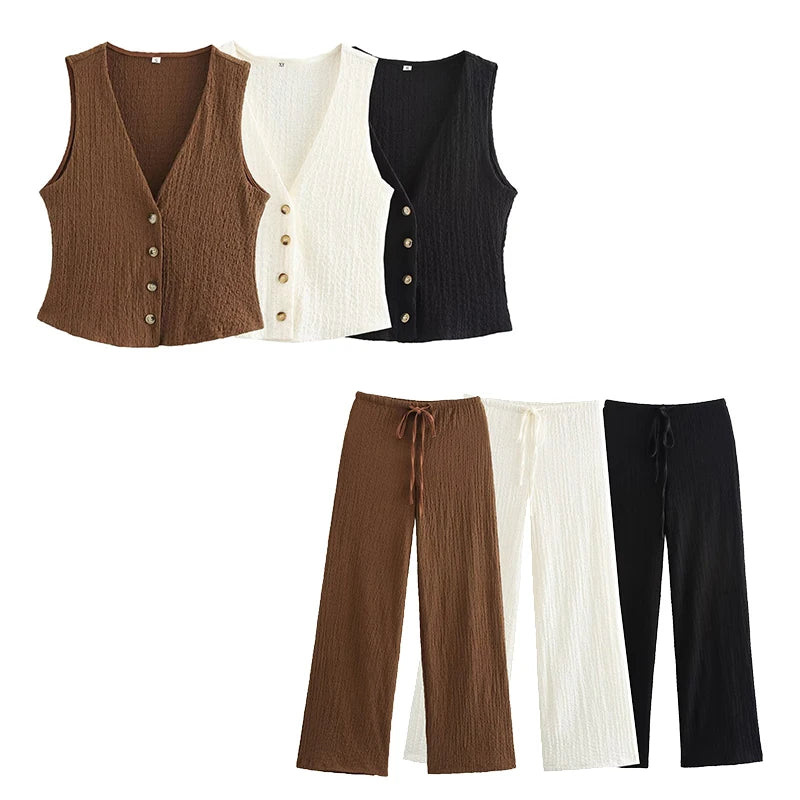 Women's 2-Piece Sleeveless Button-Down Vest & Wide-Leg Pants Set