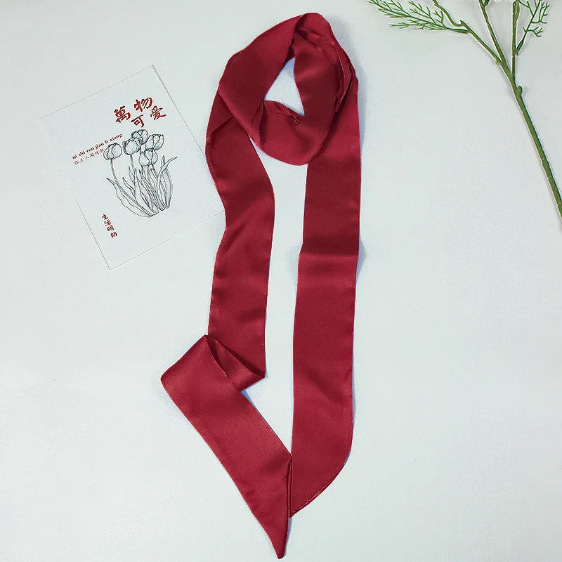 5X190CM Women Narrow Long Scarf 190x5cm Solid Color Chiffon Silk Rubber Red Tie Black Bag Ribbon Headbands Choker Streamer