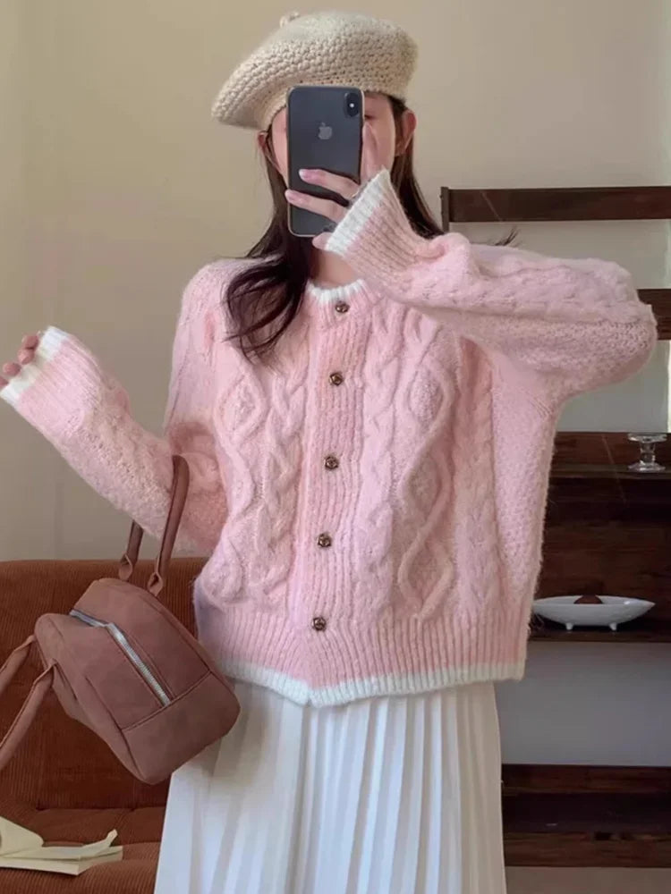 Thicken Winter Clothes Twists Knitting Cardigan Lovely Pink Short Jacket Loose Korean Sweet Women Sweater Coat Y2K College Tops