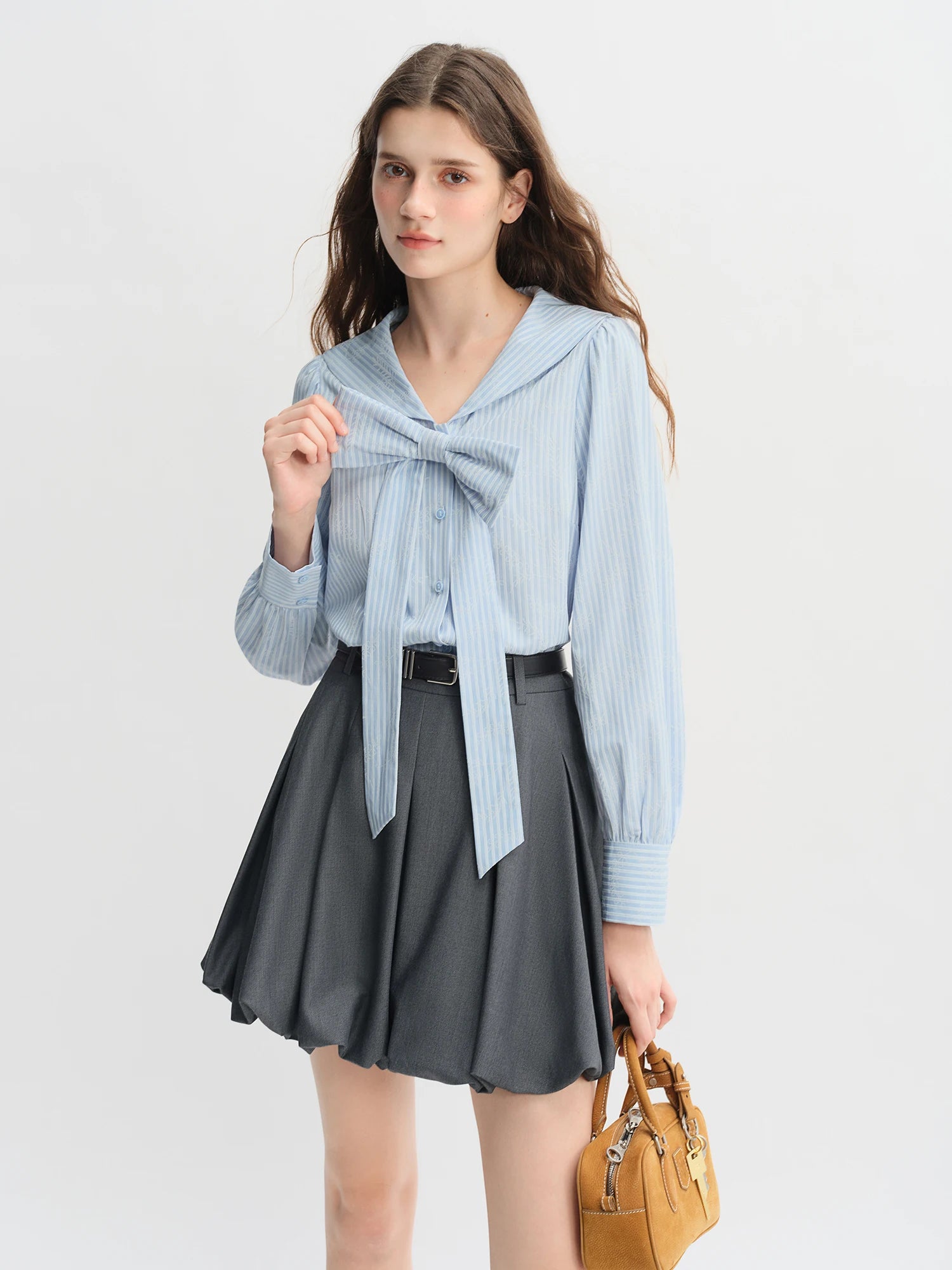 DUSHU Plus Size Women's Navy Collar Bow-Decorated Striped Shirt Dress 2025 Autumn Collection Gentle Youthful Style
