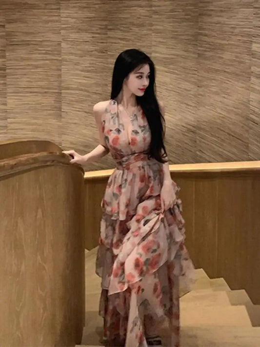 Summer New Deep V-neck Floral Print Dress Evening Party Lady Chiffon Slim Fairy Dresses Backless Sling Vintage Sweet Dress Long