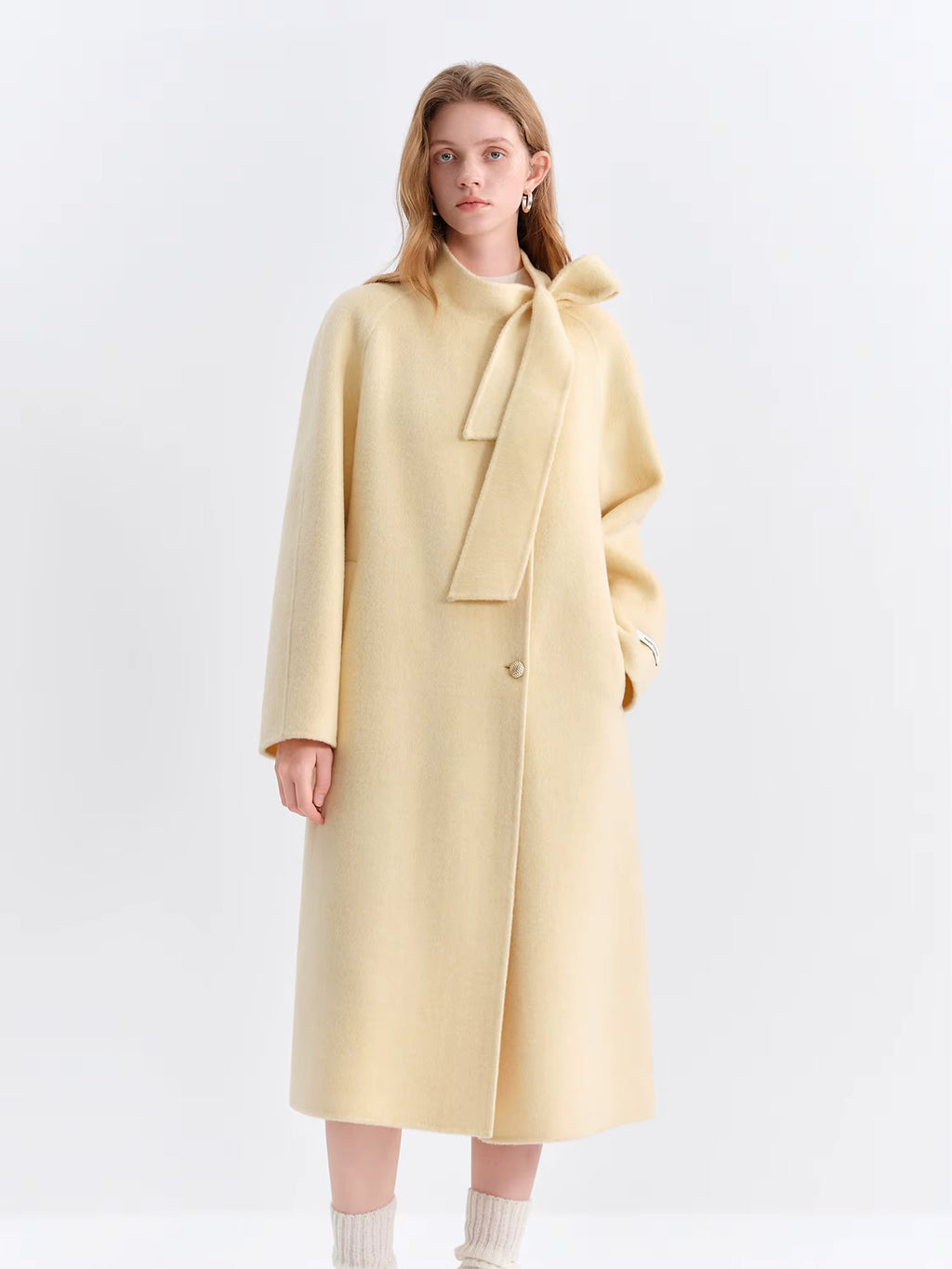 Winter 2025 Women Stand Collar Tie Detail Double Faced Wool Blend Coat - Long Length Elegant Outerwear for Casual Winter