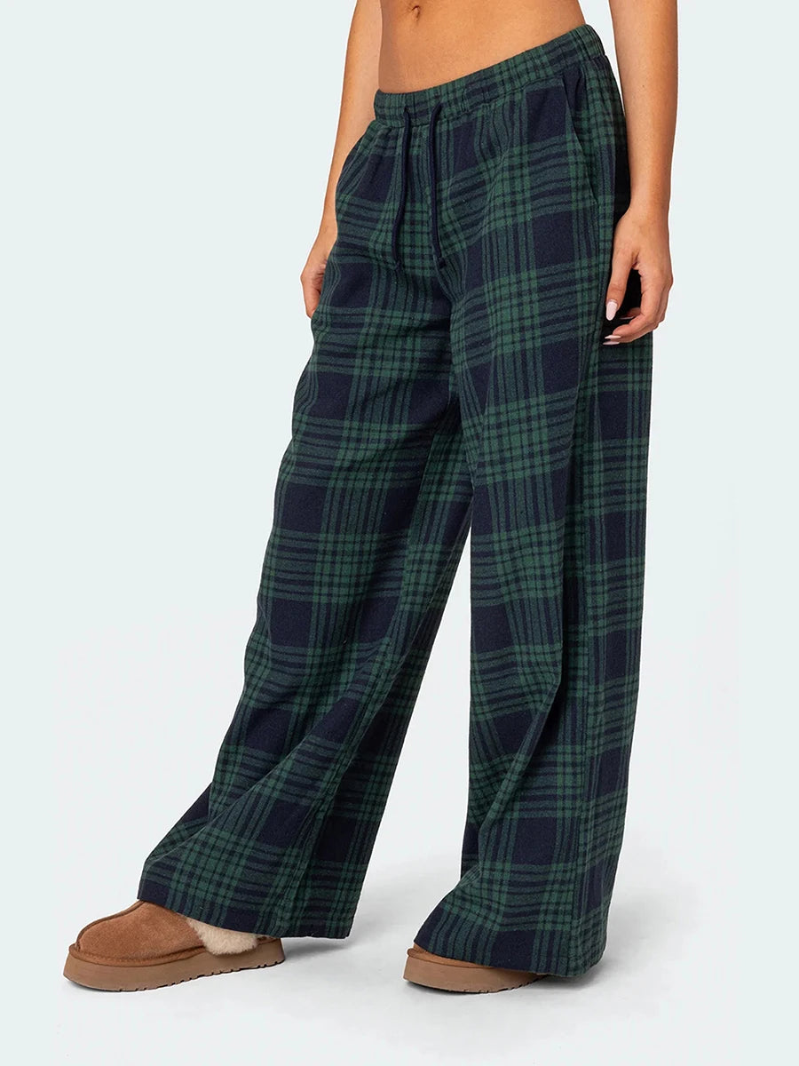 Mxiqqpltky Plaid Pants for Women Casual Pajama Pants Elastic High Waist Slim Wide Leg Cute Pj Pants Pajama Bottoms Loungewear