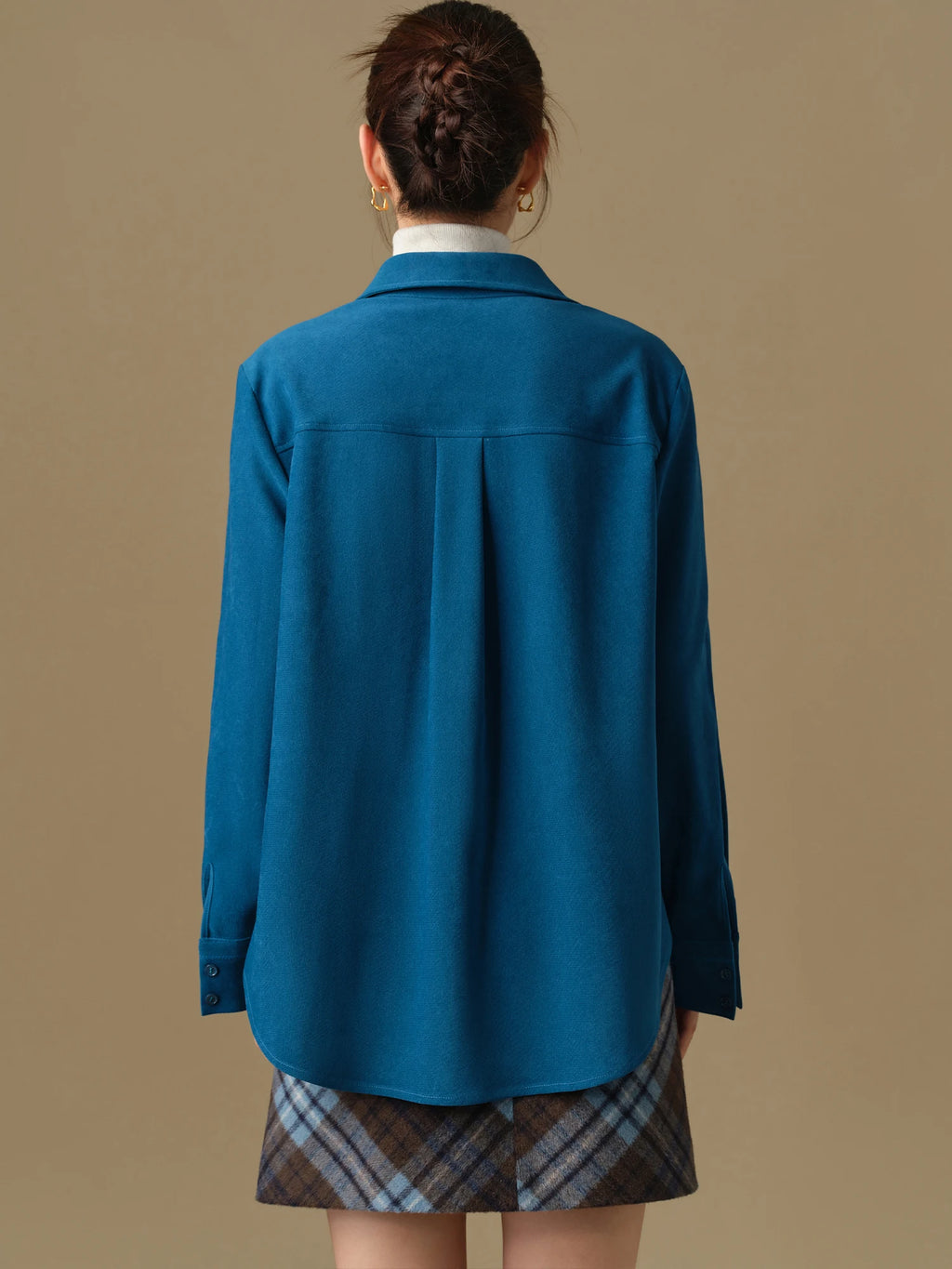 DUSHU【3 Colors】Women Winter Thicken Blouses Polo Neck Front Shoulder Long Sleeve Shirt Tops Flannel Simple Shirt Coat 24DS84451