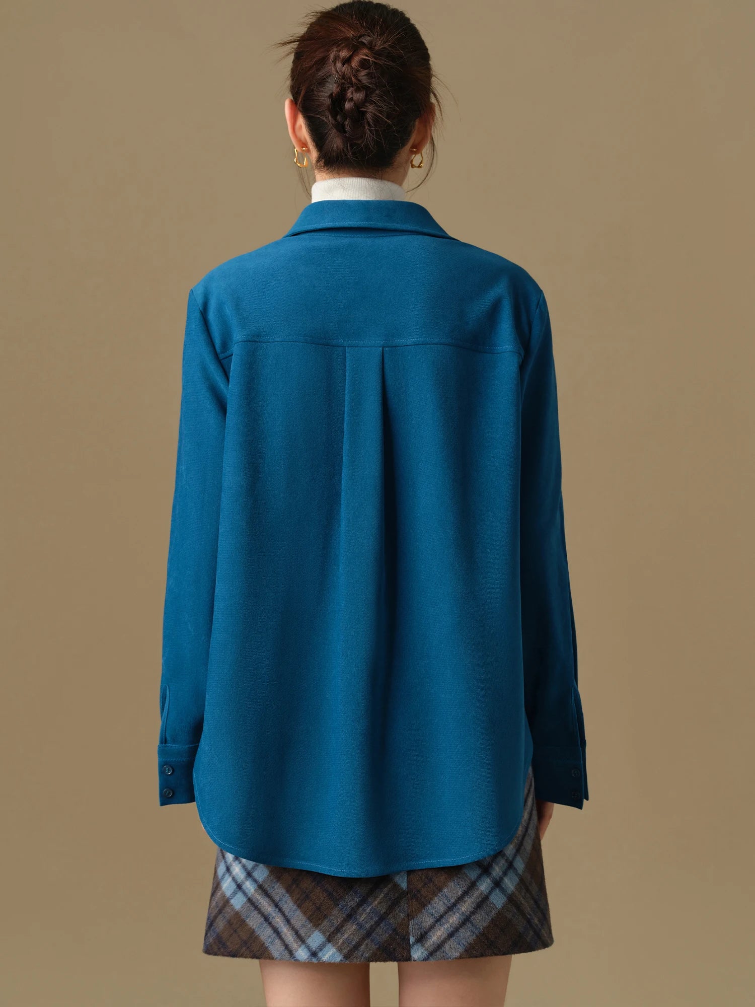 DUSHU【3 Colors】Women Winter Thicken Blouses Polo Neck Front Shoulder Long Sleeve Shirt Tops Flannel Simple Shirt Coat 24DS84451