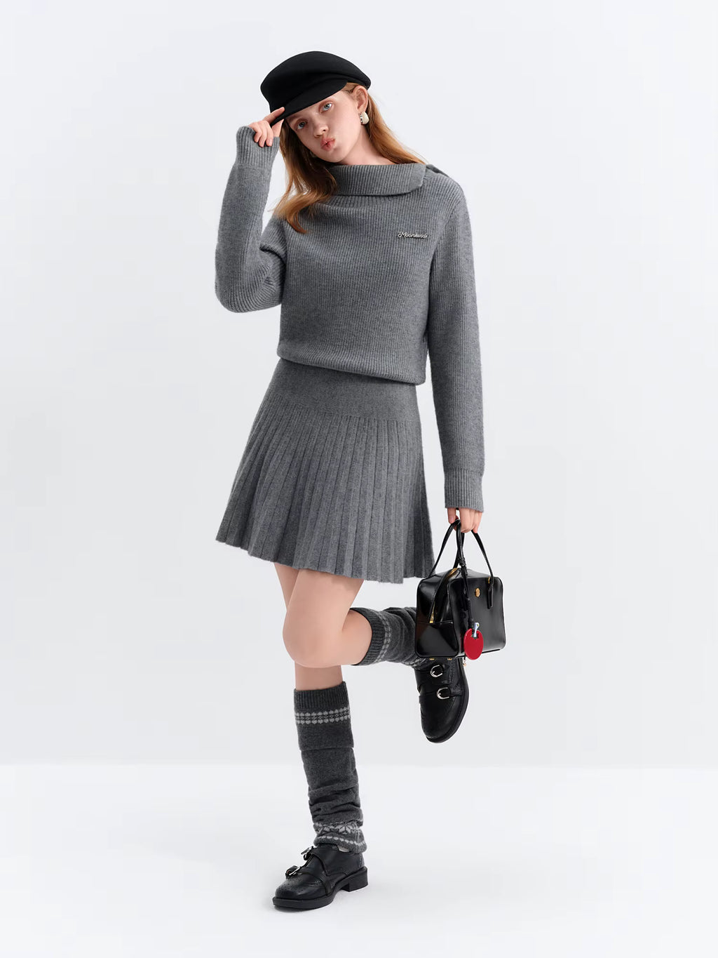 Ballet Style Sweet Knitted Gray Dress for Women 2025 Winter New Oblique Shoulder Lapel Pleated Mini A-line Dresses