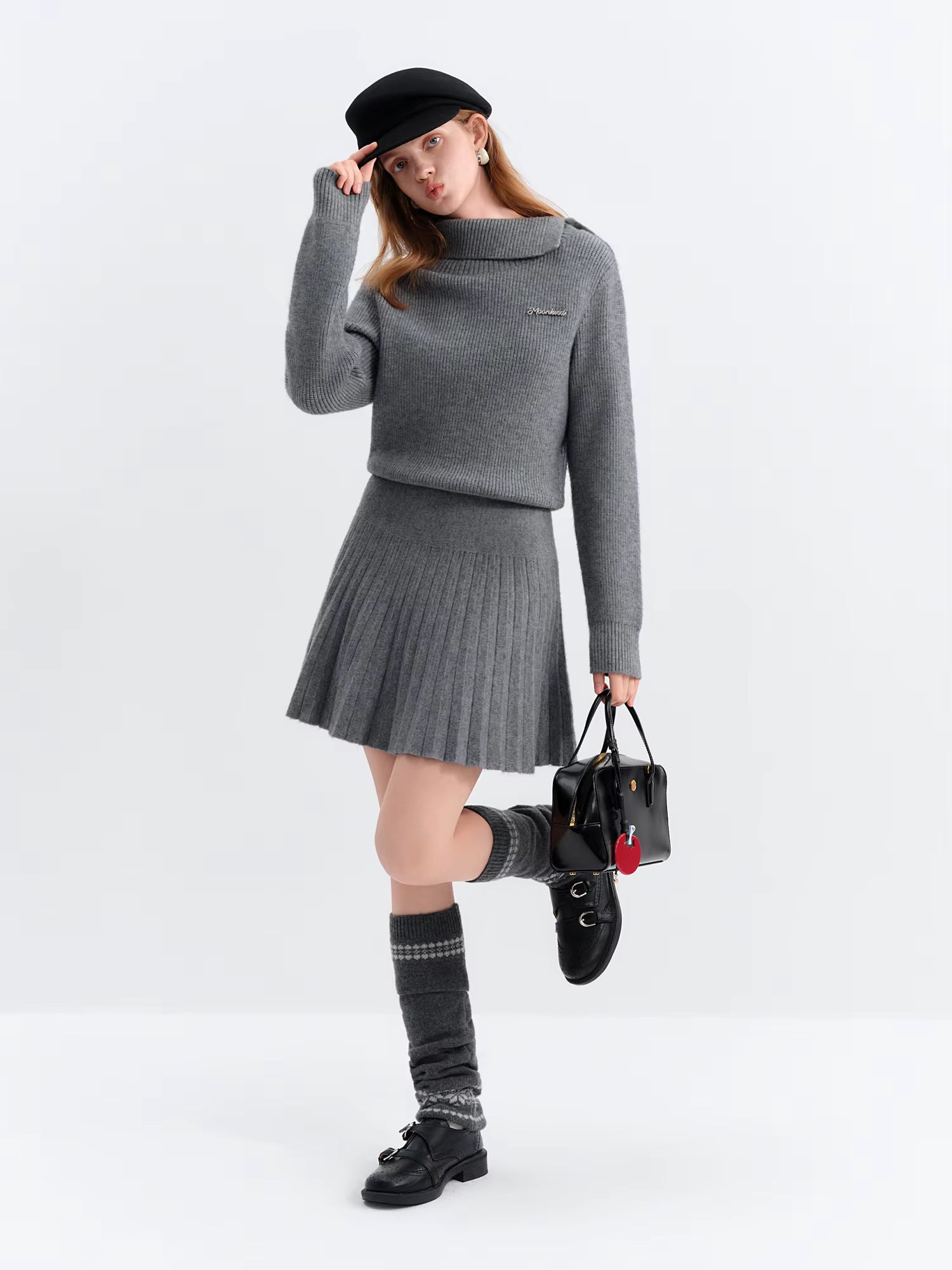 Ballet Style Sweet Knitted Gray Dress for Women 2025 Winter New Oblique Shoulder Lapel Pleated Mini A-line Dresses