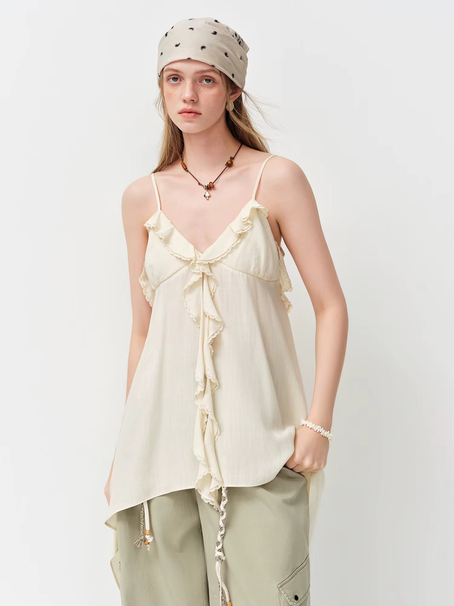 2026 Spring Women's V-Neck Ruffle Camisole Asymmetrical Hem Skirt Two Piece Set Bohemian Floral Coord Soft Elegant Style