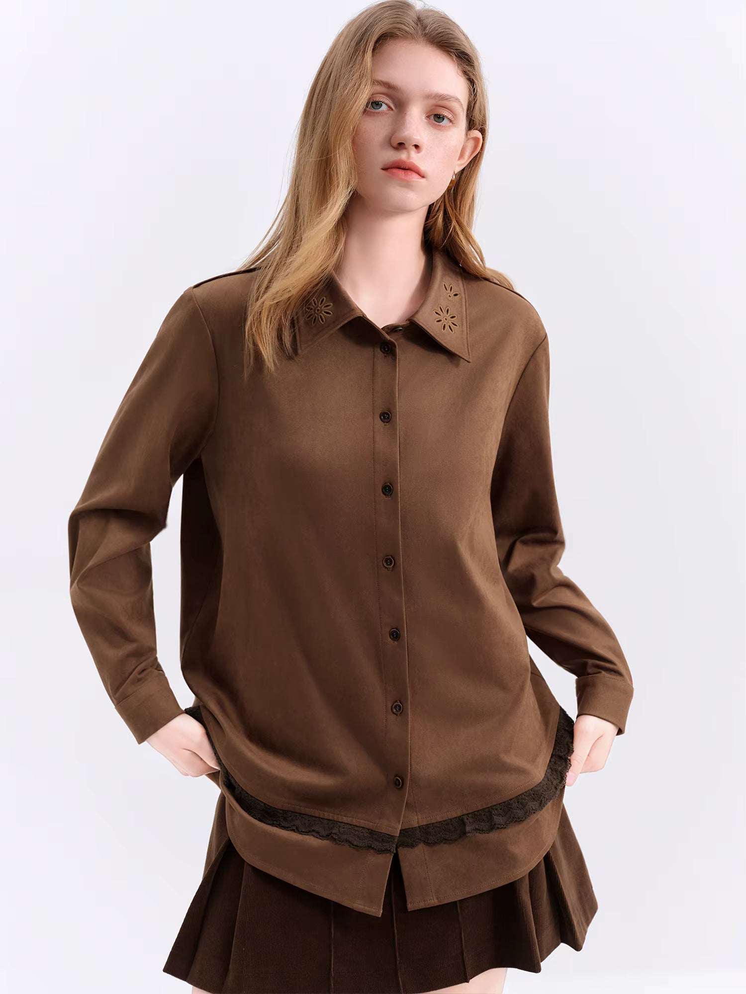 Vintage Suede Stylish Turned Collar Women's Blazer Cut-Out Embroidery Fall Winter 2025 New Arrival chic Winter Shirts Coats