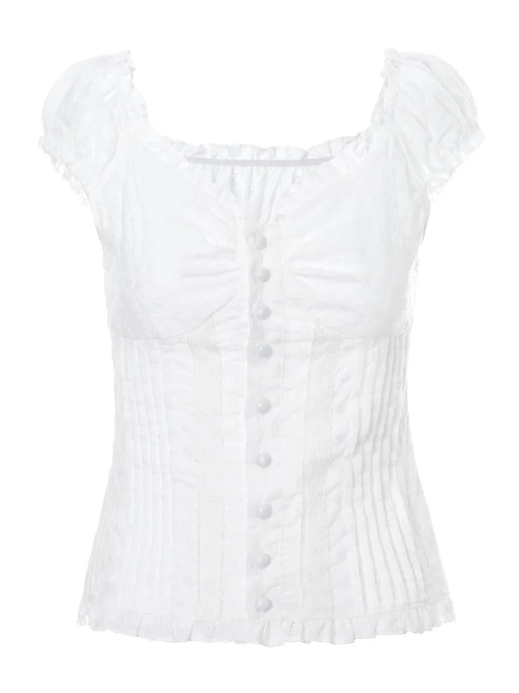 Women Summer Blouse Short Sleeve Square Neck Button Down Tops Retro Kawaii Fairycore Y2K Shirts