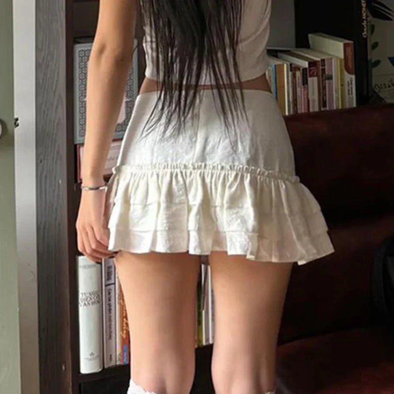Lace-up High Waist Mini Skirts White Holiday Casual Kawaii A-line Skirt Sweet Bottoms Japanese