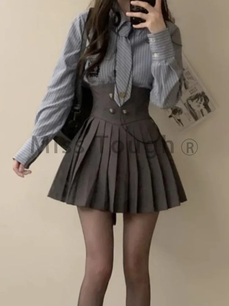 Gray Preppy Style 3 Piece Set Women Korean Fashion Y2k Mini Skirt Suit Female Casual Stripe Blouse＋Chic Coat＋Elegant Skirt