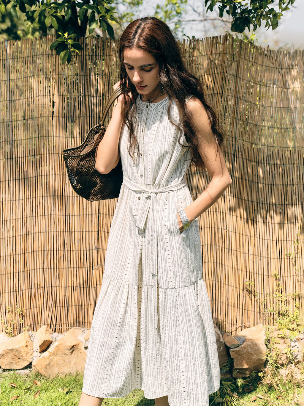 ZIQIAO Petite Boho Style Resort Sleeveless Dress - Women 2025 Summer New Arrival O Neck Slimming Waist-cinching A-line