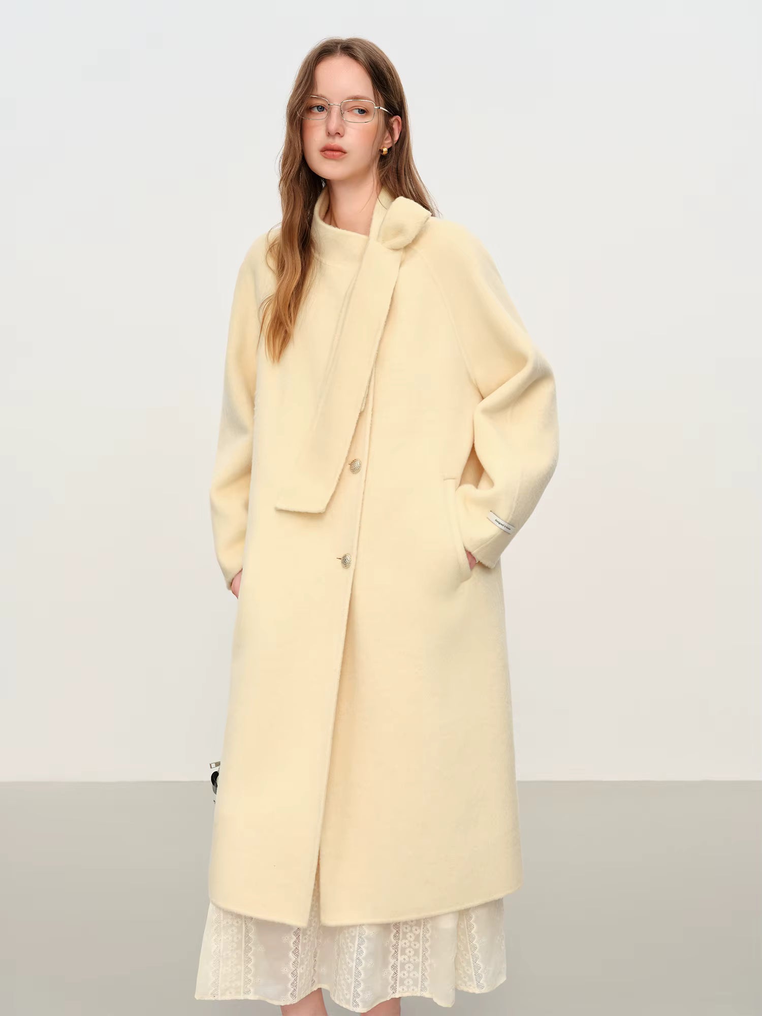 Winter 2025 Women Stand Collar Tie Detail Double Faced Wool Blend Coat - Long Length Elegant Outerwear for Casual Winter