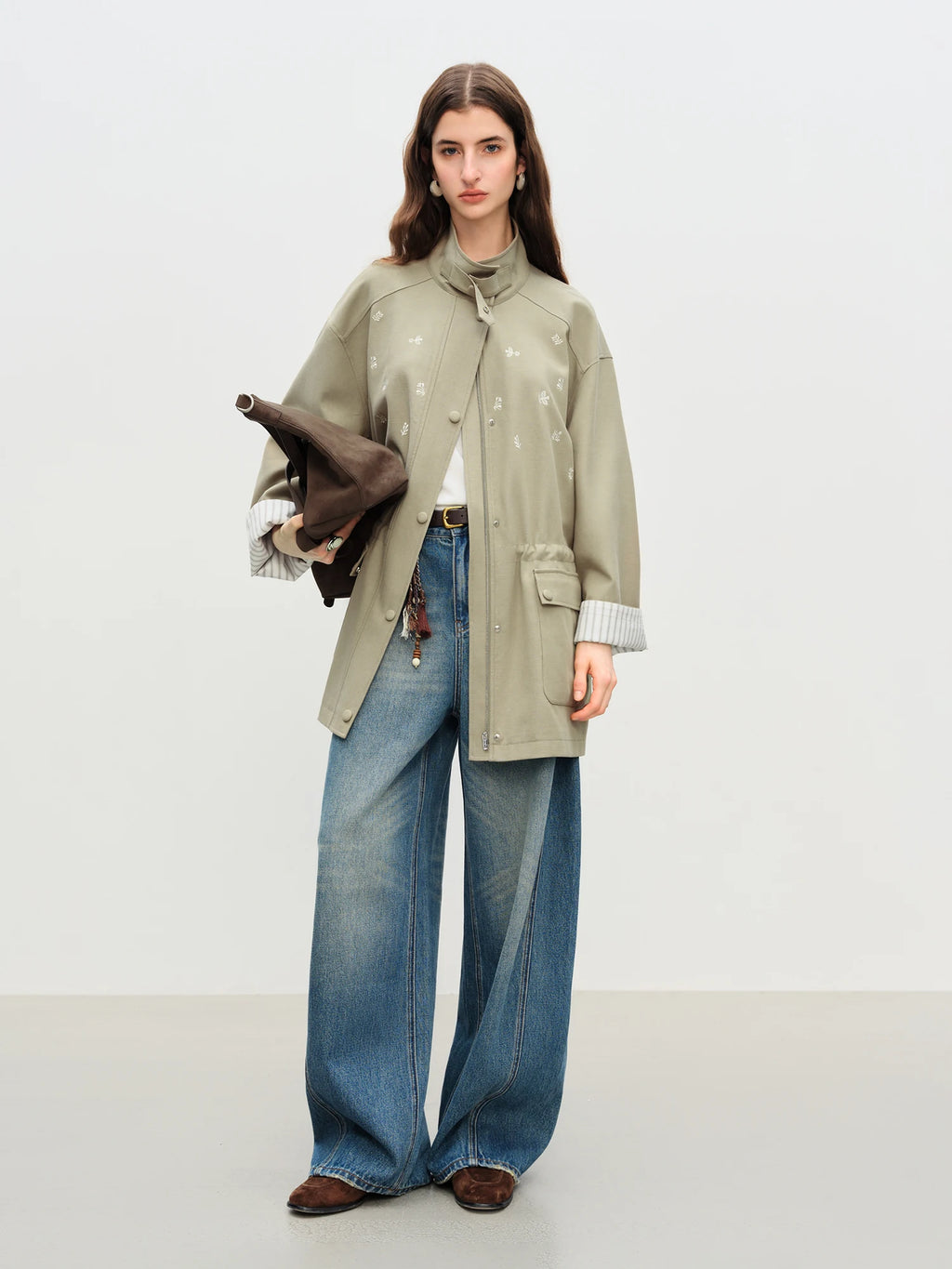 FSLE【Premium Series】New Women Olive Green Embroidered Stand Collar Jacket Loose Fit Workwear Style Boho Outerwear Relaxed Street