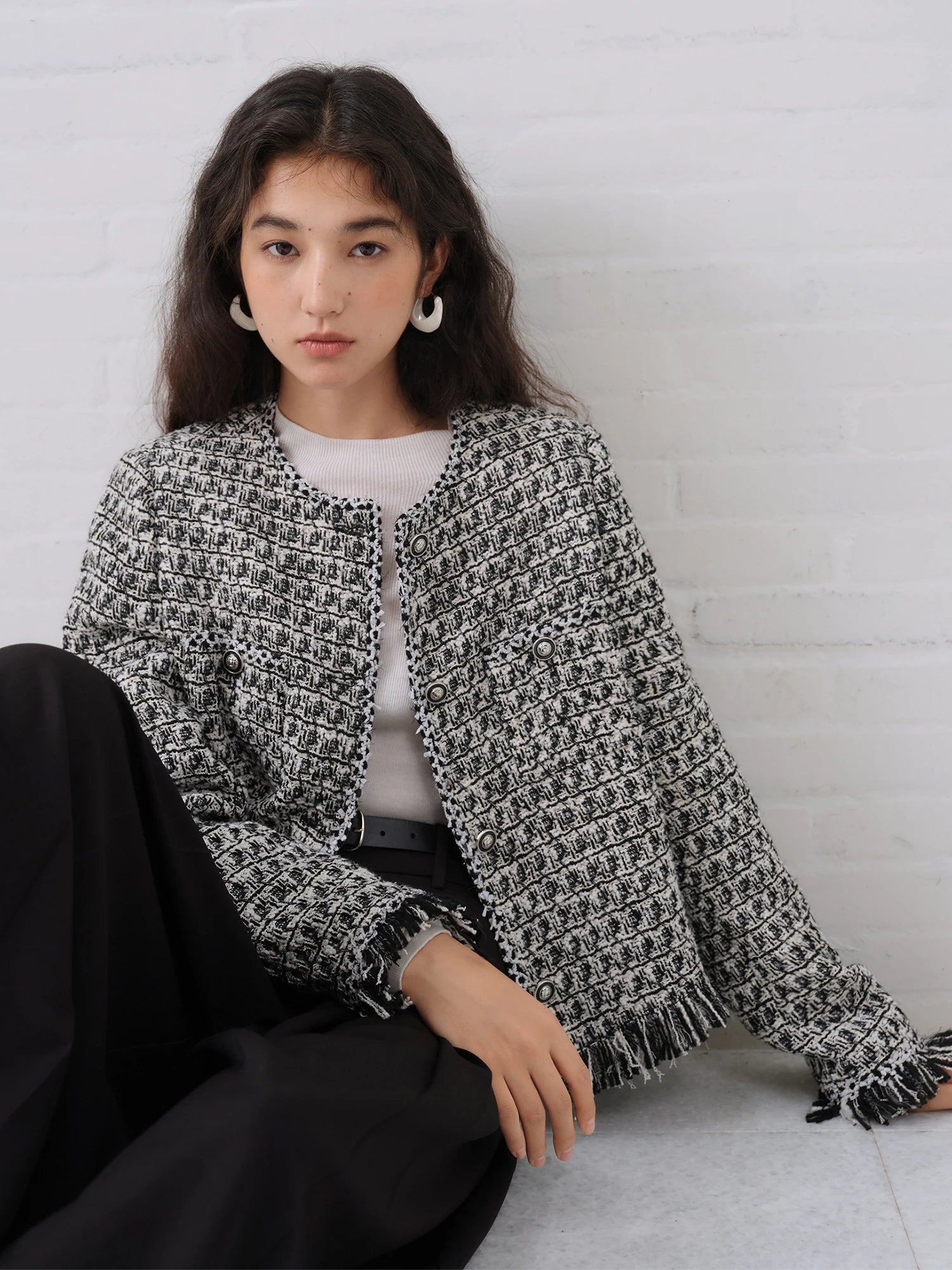 ZIQIAO Petite Plaid Tweed Jacket for Women 2025 Autumn New Chic Short Coat French Style Elegant Office Blazer Casual Outerwear