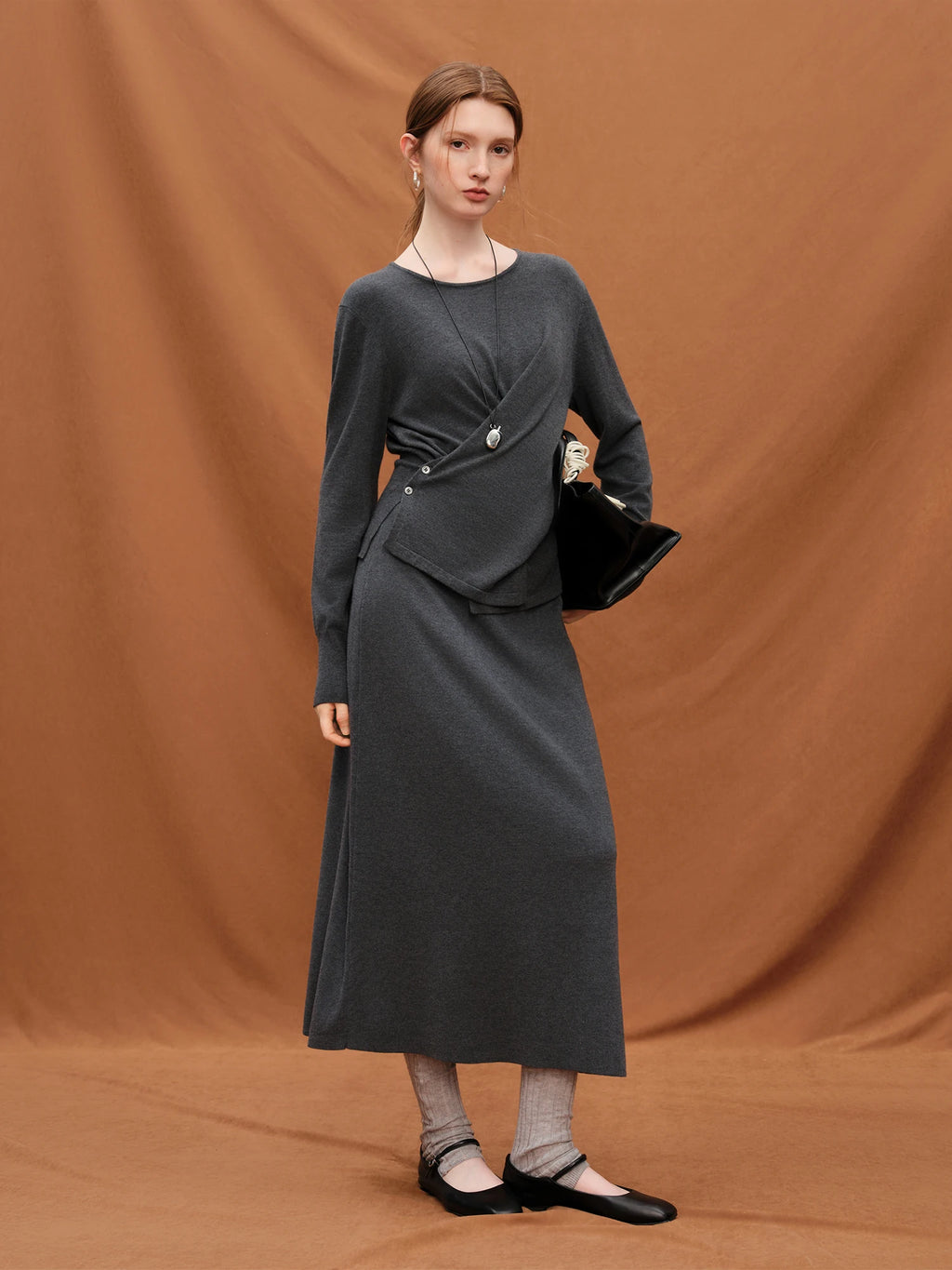 FSLE Women's 2025 Winter Wrap Style Round Neck Long Sleeve Knit Sweater & Skirt Two Piece Set Coordinated Outfit for Fall Winter