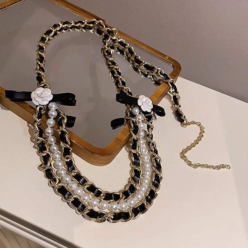 Korea Trendy Waist Chain Camellia Flower Pearl Leather Belts  Accessories for Women Party Jewelry