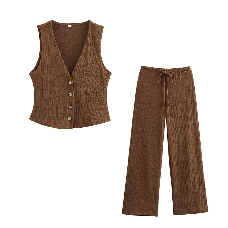 Women's 2-Piece Sleeveless Button-Down Vest & Wide-Leg Pants Set
