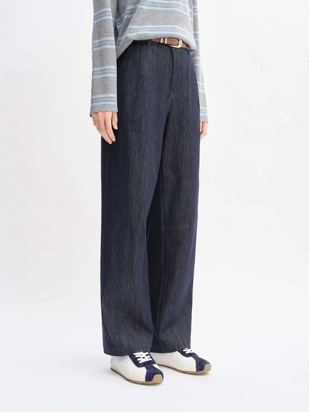 DUSHU Autumn 2025 Women's Vintage Wide Leg Jeans - Curve Flattering High Waist Stretch Denim Pants Arc Hem Casual Comfort Fit