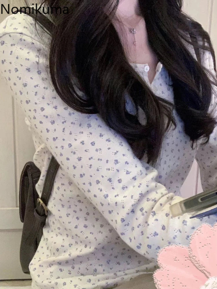 Korean Women Tshirts Long Sleeve Floral Tees 2024 Ropa Mujer Tunic O-neck Fashion T Shirts Y2k Tops Vintage Casual Sweet T-shirt