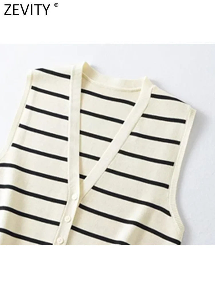 New Women Fashion V Neck Sleeveless Striped Pattern Knitted Vest Sweater Female Chic Single Breasted Cardigan Tops SW4789